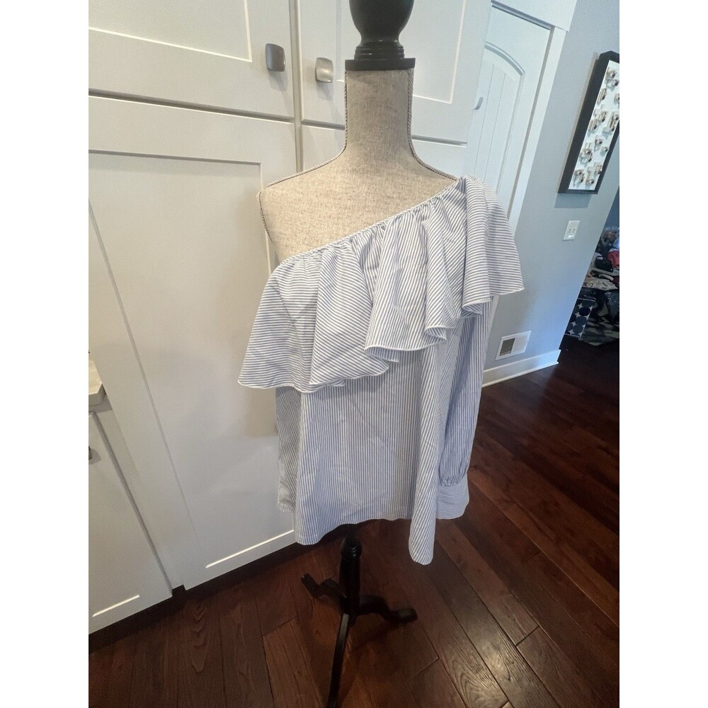 LOFT One Shoulder Ruffle Blouse Womens M Blue White Stripe 100% Cotton Top